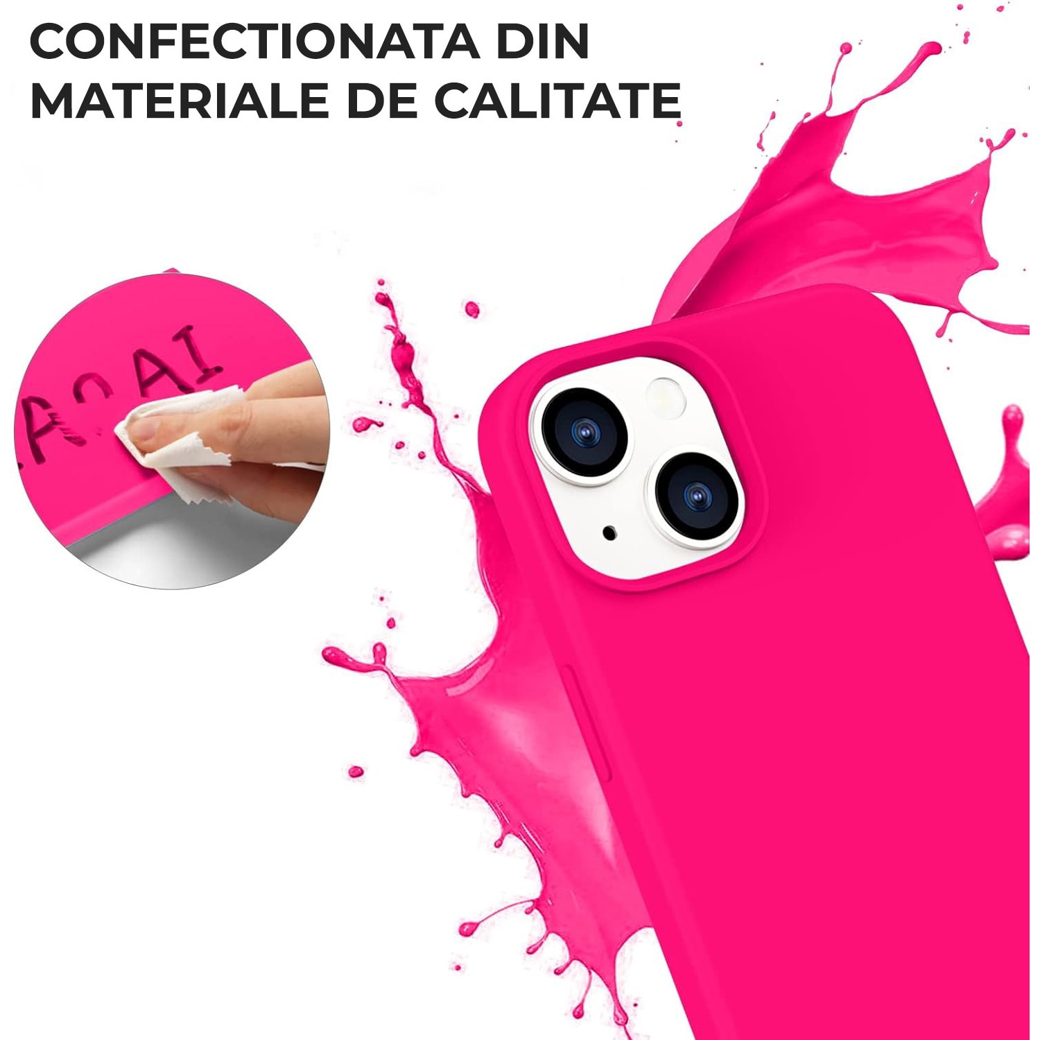 Husa Silicon pentru iPhone 15, Roz Neon, Ultra Slim, Silicon, Calitate Premium, Interior din microfibra