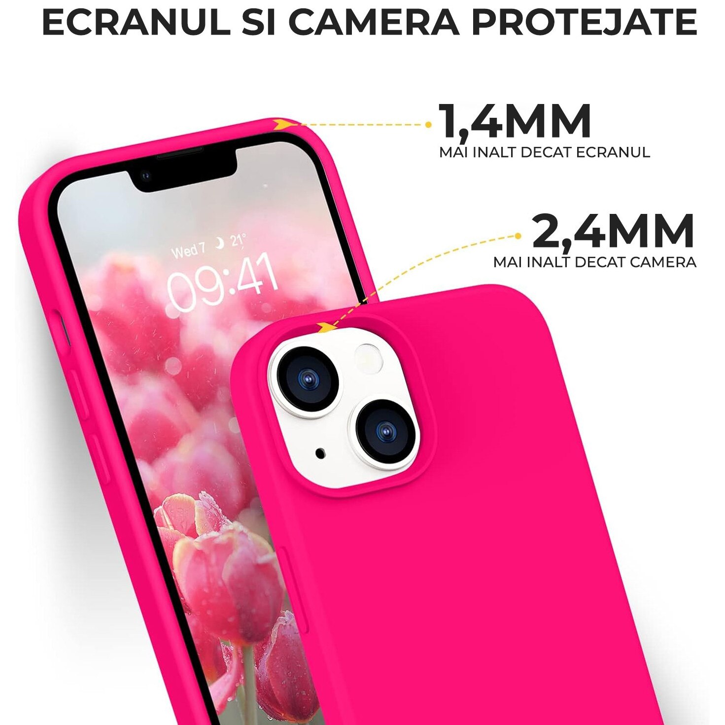 Husa Silicon pentru iPhone 15, Roz Neon, Ultra Slim, Silicon, Calitate Premium, Interior din microfibra
