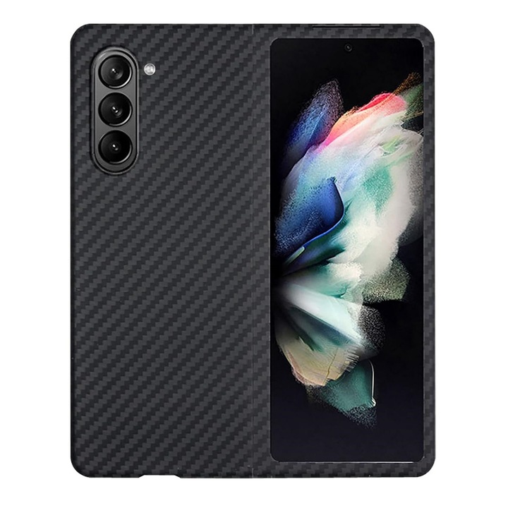 Husa protectie din Kevlar compatibila cu Samsung Galaxy Z Fold 5, din Fibra de Carbon, Aramida, ultra slim, ultra rezistenta, protectie camera, 2 piese, Negru, ISAG