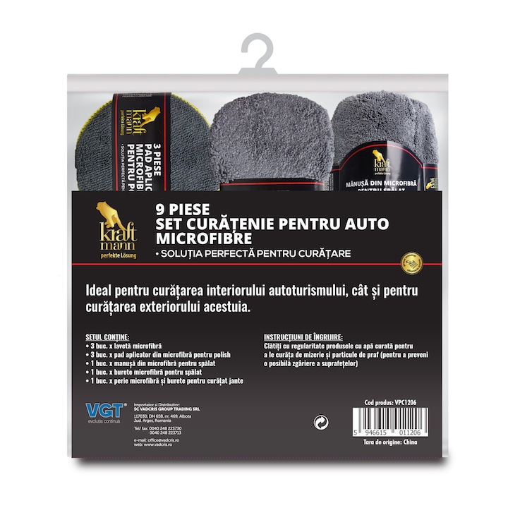 Set auto din microfibra pentru curatenie Kraftmann - 9 piese