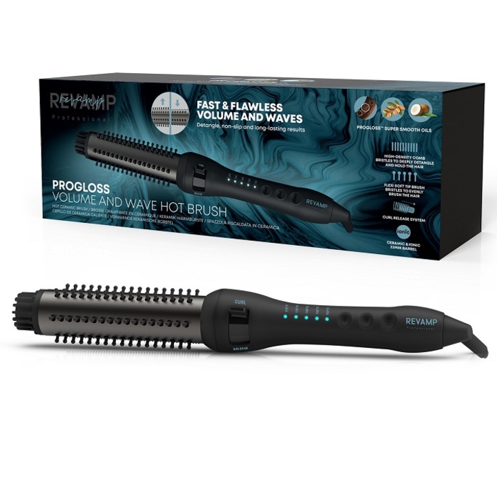 Revamp BR-1350-EU Volume & Wave meleg levegős, kerámia hajformázó kefe, 32 mm Perfect Endings, 150 - 210 °C, Fekete