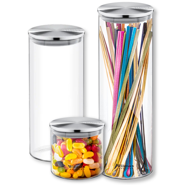 Borcan de sticla cu capac metalic, Wilmax England, Transparent, set de 3 bucati