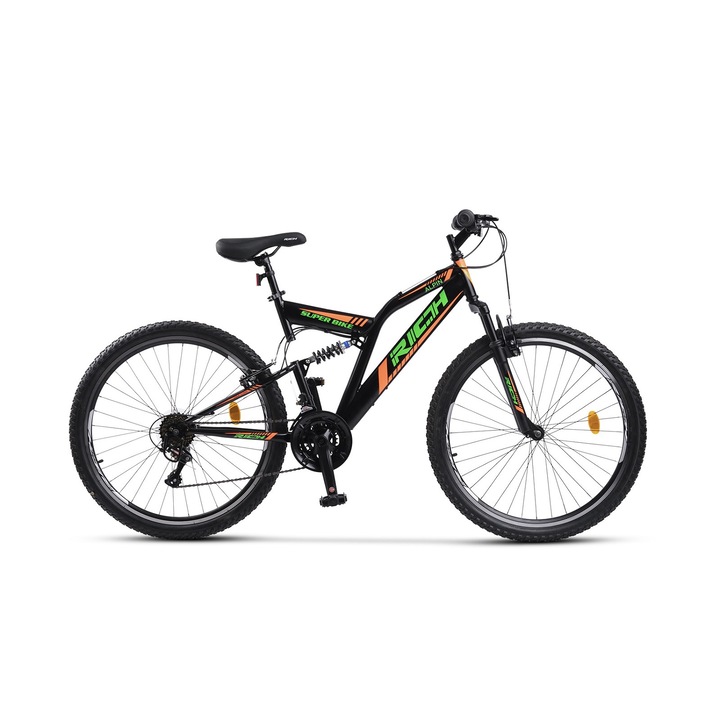 Rich Bike Alpin Genius MTB kerékpár 26"-os kerekekkel, első/hátsó V-fék, 21 sebesség, dupla felfüggesztéssel, fekete/zöld/narancssárga