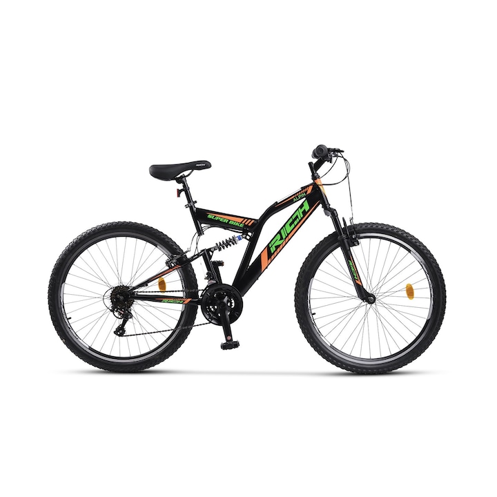 MTB велосипед с 26" колела, предна/задна V-образна спирачка, 21 скорости, черен/зелен/оранжев, планински велосипед Rich Alpin Genius с двойно окачване
