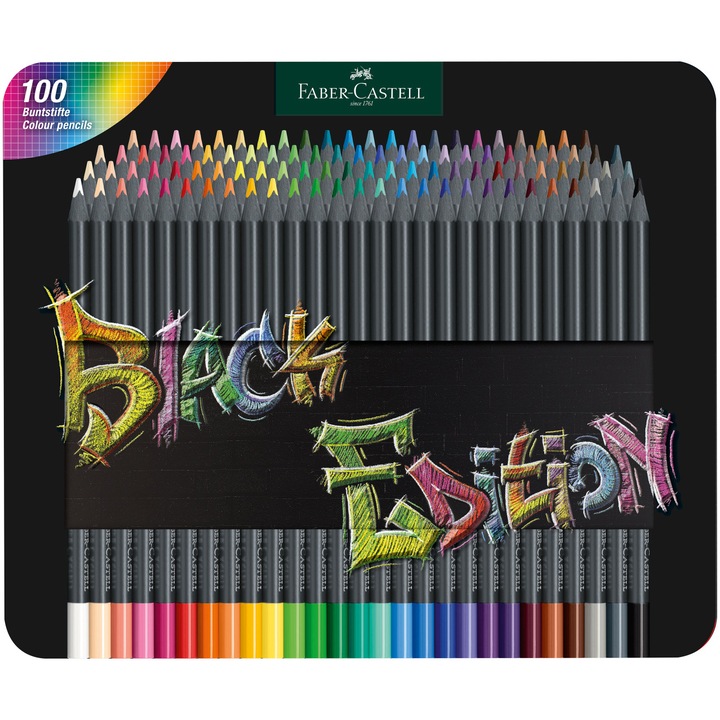 Цветни моливи Faber-Castell Black Edition, 100 цвята, Метална кутия