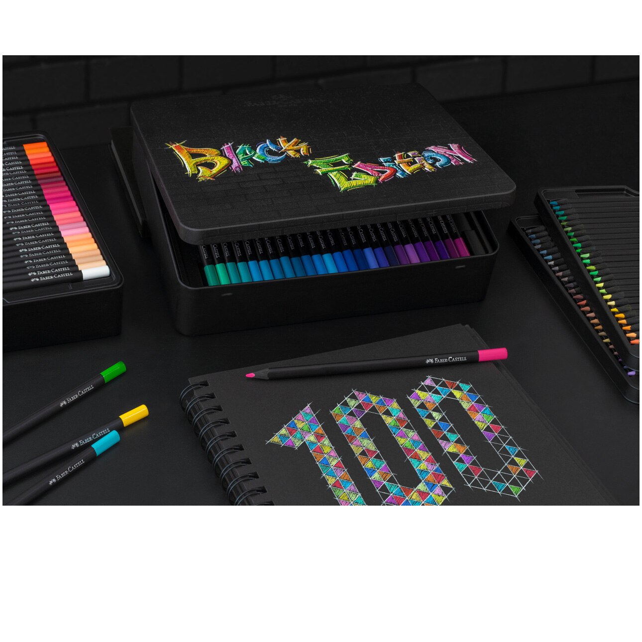 Цветни моливи Faber-Castell Black Edition, 100 цвята, Метална кутия ...