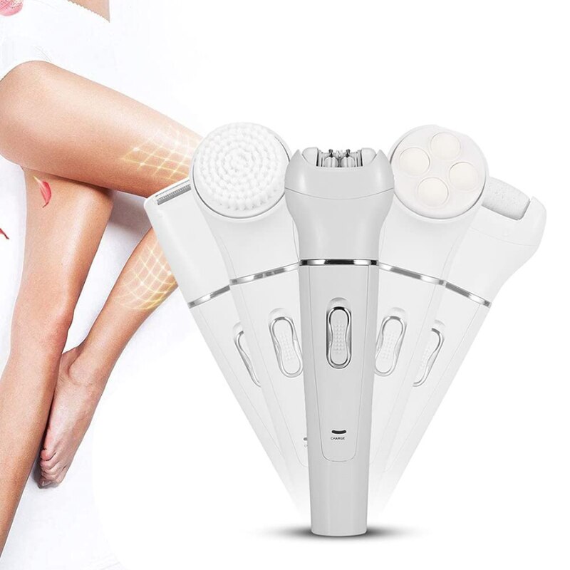 Epilator 5 in 1 KEMEI KM2199 Umed & uscat Exfoliere, Masaj facial, Cap epilator, Perie faciala
