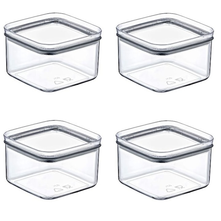 Set 4 recipiente pentru depozitarea alimentelor cu capac, stivuibile, transparent, plastic, 4 x 0.5 litri, 11x11x7cm