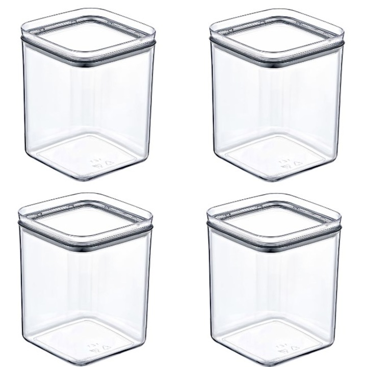 Set 4 recipiente pentru depozitarea alimentelor cu capac, stivuibile, transparent, plastic, 4 x 1 litru, 11x11x12cm