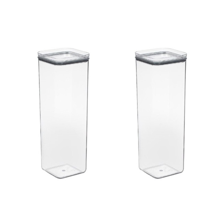 Set 2 recipiente pentru depozitarea alimentelor cu capac, stivuibile, transparent, plastic, 2 x 2 litri, 11x11x27cm