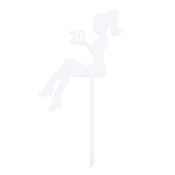 Украса за торта, "LADY-20" топер блестяща дама, елегантност, рожден ден 17.8x 9.5 см бяла слонова кост