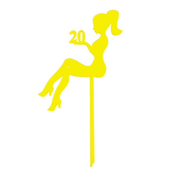 Декорация за торта EBIN, "LADY-20" топер shining lady, elegance, рожден ден 17.8x 9.5 cm жълт