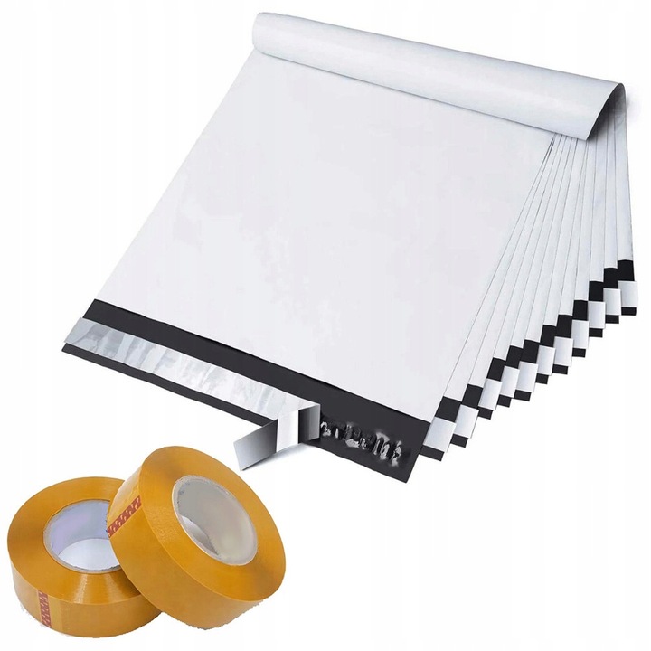 100x futártáska készlet, ROSFIX, polietilén, 500x610 mm, fehér + 2x csomagolószalag, Rosfix, sárga, 48 mm x 50 m