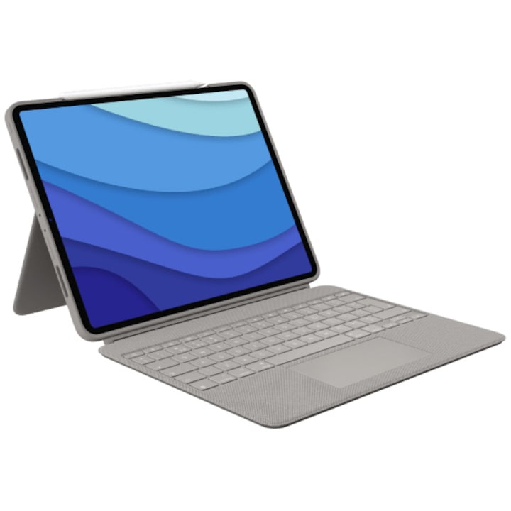 Калъф Logitech Combo Touch, Сваляща се клавиатура и тракпад, За iPad Pro 12,9 инча Gen 5 и 6, UK, Sand Gray