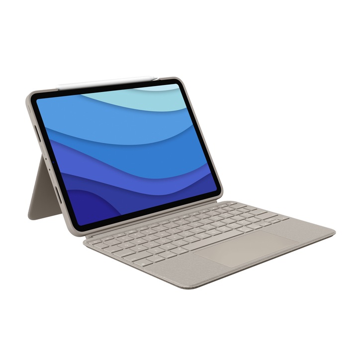 Husa Logitech Combo Touch cu tastatura si trackpad detasabile pentru iPad Pro 11 inch gen 1-4 , US, Gri Nisip