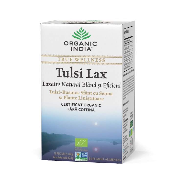 Ceai Laxativ ORGANIC INDIA Ceai Tulsi Lax (Busuioc Sfant), Laxativ Natural Bland si Eficient cu Senna - 100% Certificat Organic, 18 plicuri, Fara cofeina, BIO