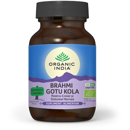 Supliment natural ORGANIC INDIA Brahmi-Gotu Kola, Creier & Sistem Nervos, Certificat Organic, 60 caps