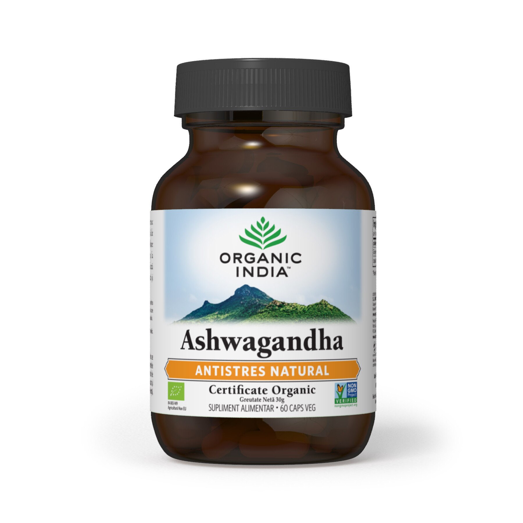 Supliment Natural ORGANIC INDIA Ashwagandha - Ginseng Indian, 100% Certificat Organic - Antistres Natural si Anti Anxietate, 60 caps, BIO