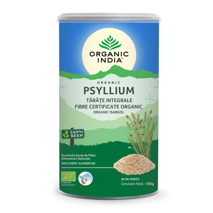 Tarate de Psyllium Integrale ORGANIC INDIA, 100% Certificate Organic - 85% Fibre, Sprijina Sanatatea Inimii, Detoxifiere Colon, 100g, BIO