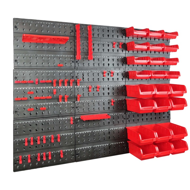 Pepita perete pentru instrumente cu 48 de suporturi si 24 de cutii, 96 x 82,5 cm, negru-rosu