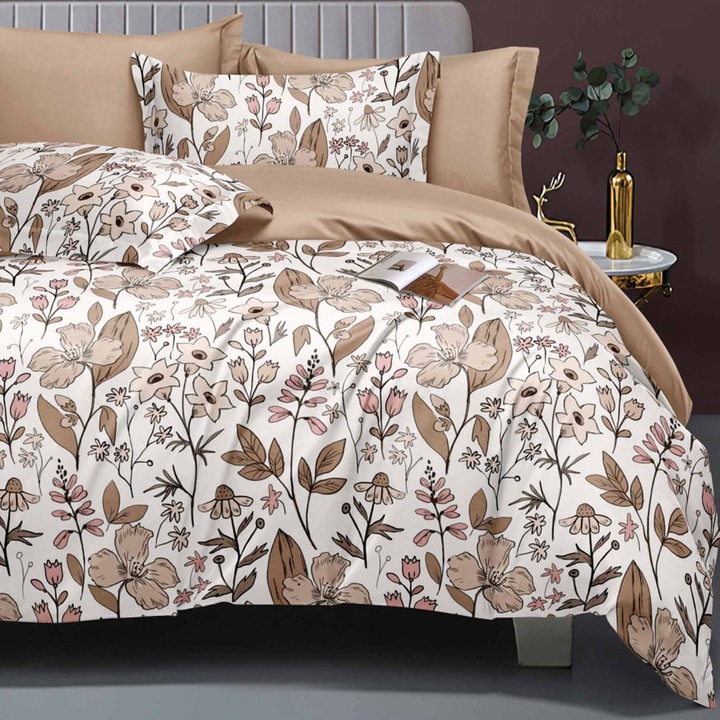 Lenjerie de pat Bumbac Satinat Elegance, cearceaf cu elastic, 6 piese, pentru pat dublu, multicolor, Ralex Pucioasa, 160x200cm, LDP-BS-ELEH-1005