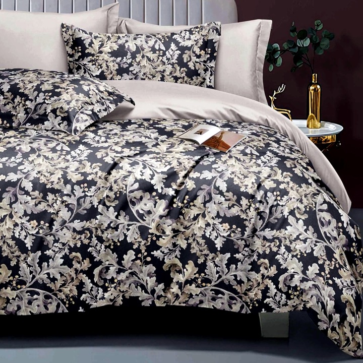 Lenjerie de pat Bumbac Satinat Elegance, cearceaf cu elastic, 6 piese, pentru pat dublu, multicolor, Ralex Pucioasa, 160x200cm, LDP-BS-ELEH-1009
