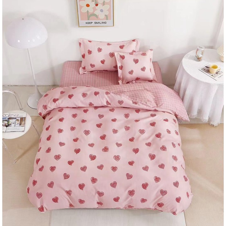 Комплект спално бельо, 4 части, Единично легло, Finet, Чаршаф с ластик 140x200 см, Плик за завивка 155x200 см, 2 калъфки за възглавници 55x75 см и 50x50 см, Розово, Сърца, Fresh Home123