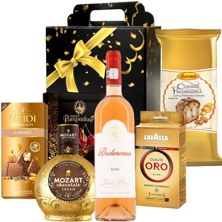 Pachet Cadou de Sarbatori, CADOURI RAFINATE, model Premium Taste, cu Lichior Mozart, Vin Rose Budureasca, Cafea Lavazza Oro si Specialitati Dulci din Ciocolata, in Cutie Cadou cu Elemente Festive si Maner, pentru Ocazii Speciale, 7 Aricole
