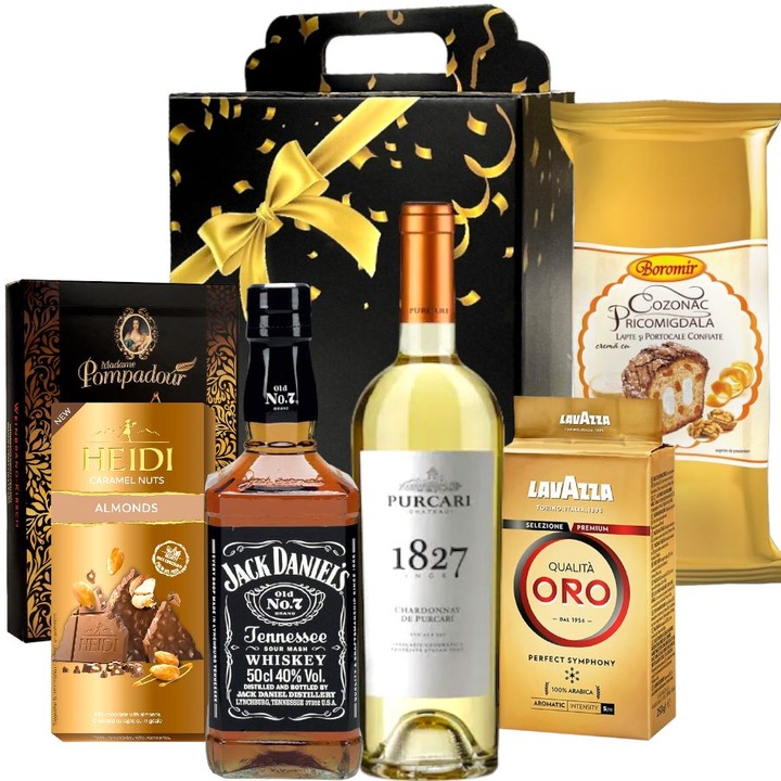 Pachet Cadou de Lux, CADOURI RAFINATE, model Special Duet, cu Whiskey Jack Daniels, Vin de Purcari, Cafea Lavazza, Cozonac Boromir cu Portocale Confiate, Ciocolata Heidi si Alte Specialitati Dulci, pentru Ocazii Festive, 7 Articole
