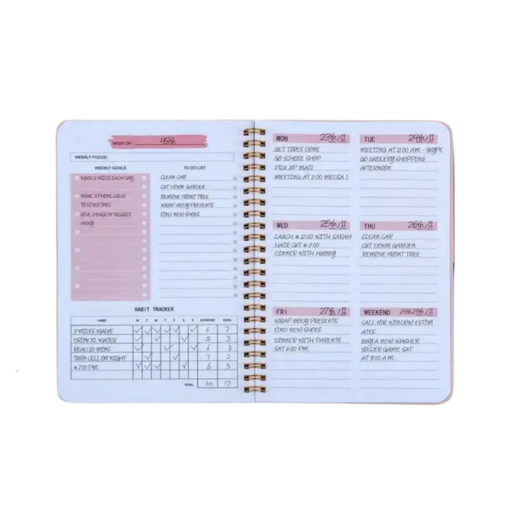 Agenda planificator cu spirala, pentru organizare saptamanala, cu habit tracker si to do list, roz, A5