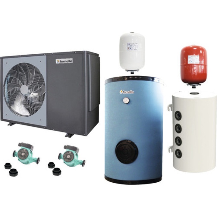 Pachet Pompa De Caldura Aer-apa Pentru Incalzire Si Racire Fornello Eco Green Cgk025v3l Monobloc 9.5 Kw, Incl. Inverter, Rezervor Acumulare, Boiler, Pompa Circulatie Si 2 Vase De Expansiune