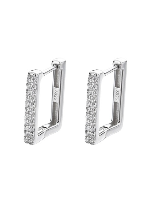 Cercei dreptunghiulari din argint 925 Square Hoops argintii cu pietre de zirconiu, aniversare, sarbatori, martisor