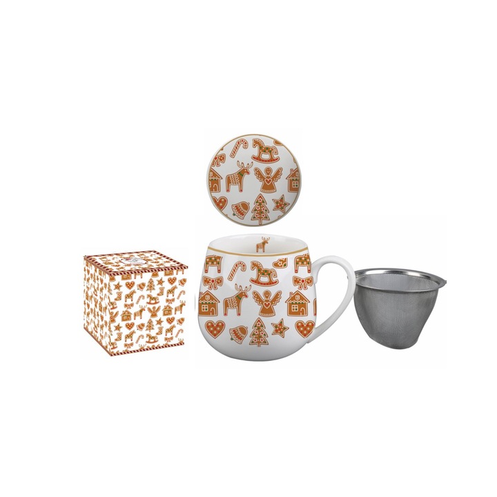 Cana cu infuzor de ceai, Craciun-Turta Dulce, 430 ml, alb-bej