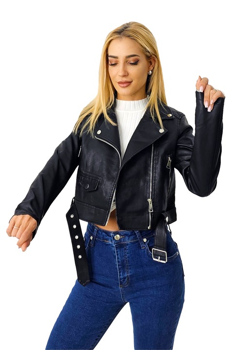 Geaca scurta Manila, din piele ecologica, cu fermoar lateral si buzunar, Negru