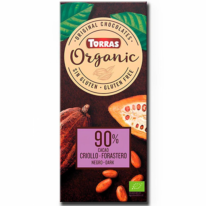 Ciocolata neagra cu 90% cacao Criollo-Forastero, fara gluten, fara lapte, vegan Organic, 100gr, Chocolates Torras