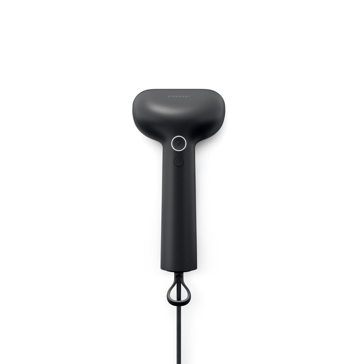 Aparat de calcat vertical cu aburi Steamery Stockholm, Cirrus X, capacitate rezervor 85 ml, filtru anti-calcar, incalzire rapida, eficient pentru toate tipurile de materiale, reduce mirosurile neplacute, ideal pentru calatorii, negru