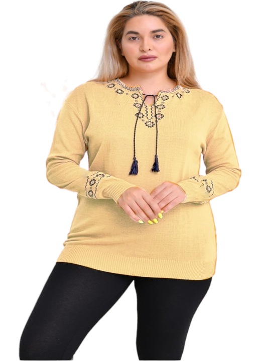 Bluza dama tricotata, stil ie, model traditional, StarFashion, marimi mari, crem, L-3XL