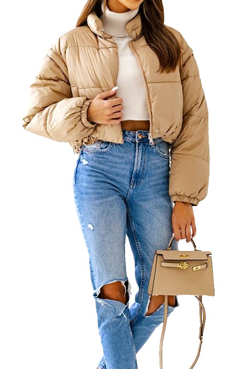 Geaca scurta 2 in 1, Twin, cu aspect matlasat si maneci detasabile, Crem, Marime S/M/L