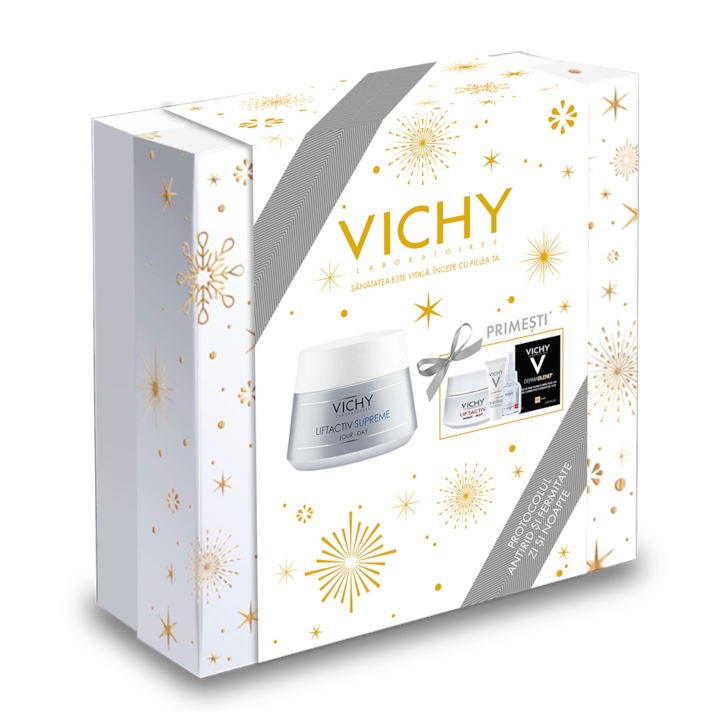 Pachet Crema de fata antirid si fermitate Vichy Liftactiv Supreme pentru ten normal/mixt, 50 ml + Crema de fata antirid de noapte pentru toate tipurile de ten Vichy Liftactiv H.A, 15 ml