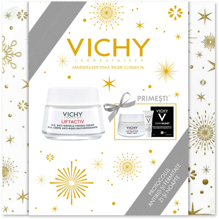 Csomag Vichy Liftactiv HA ránctalanító és feszesítő arckrém száraz bőrre, 50 ml + Vichy Liftactiv HA ránctalanító éjszakai arckrém minden bőrtípusra, 15 ml