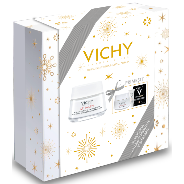 Pachet Crema de fata antirid si fermitate Vichy Liftactiv H.A. pentru ten uscat, 50 ml+ Crema de fata antirid de noapte pentru toate tipurile de ten Vichy Liftactiv H.A, 15 ml