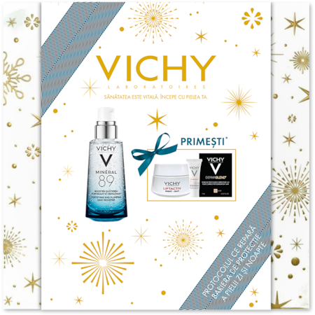 Pachet Booster zilnic pentru fata Vichy Mineral 89 gel cu efect de hidratare, fortifiere si reumplere, cu acid hialuronic, 50ml + Crema de fata antirid de noapte pentru toate tipurile de ten Vichy Liftactiv H.A, 15 ml