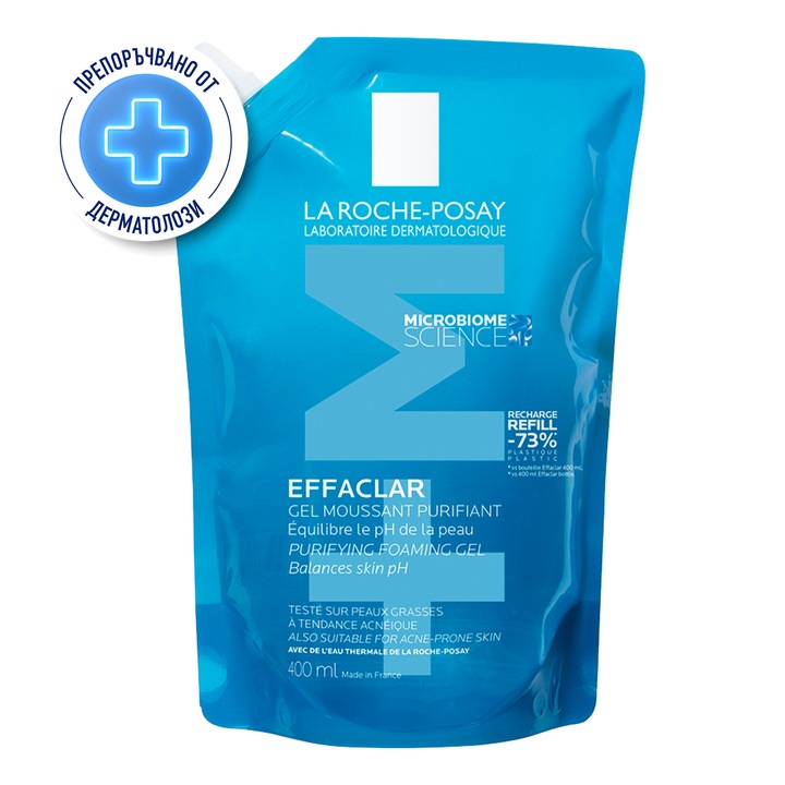 Почистващ гел за лице La Roche-Posay Effaclar +M, За мазна кожа със склонност към акне, Против несъвършенства, Резерв за пълнене, 400 мл