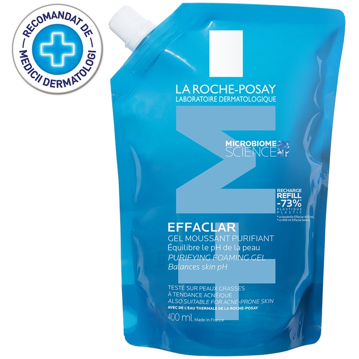 Gel spumant de curatare purifiant La Roche-Posay Effaclar +M pentru piele grasa cu tendinta acneica, anti-imprefectiuni, rezerva refill, 400 ml