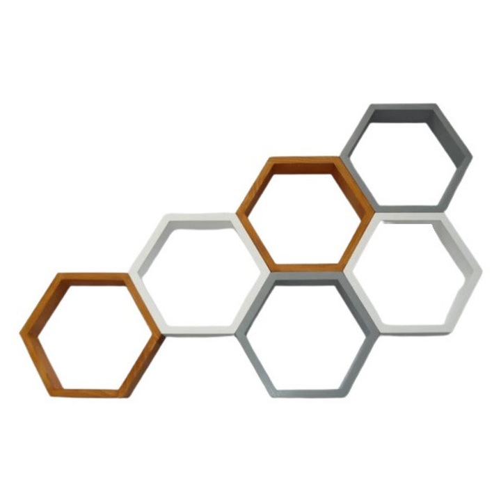 Set 6 rafturi de perete din lemn, in forma hexagonala, cu prindere ascunsa, Circus mediu, multicolor 32.5 x 28 x 9.5 cm
