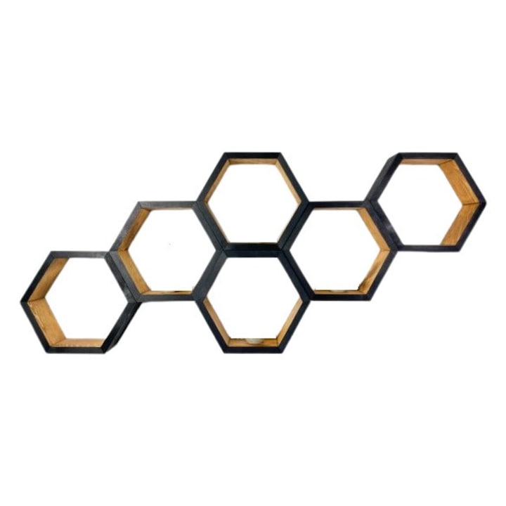 Set 6 rafturi de perete din lemn, in forma hexagonala, cu prindere ascunsa, Circus mediu, nuc/negru
