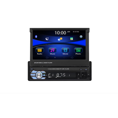 Player auto MP5 Ecran Retractabil 7'', 1DiN, Radio FM, Navigatie Tip MirrorLink, Bluetooth, Touchscreen, Divix, AVI, USB, SD Card, AUX Rama universala adaptoare 2DIN, suporti prindere metalici, pentru DVD, navigatii, MP5 playere auto 19x11.5 cm