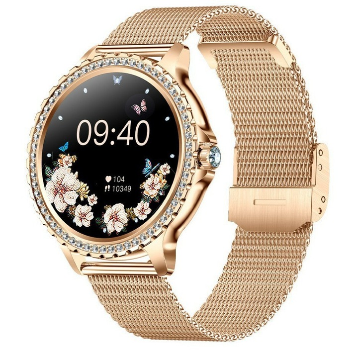 Ceas SmartWatch Amoled Lux Dama MODERON Insertie Bijuterii Carcasa Slim Bluetooth Fitness Tracker Monitorizare Ritm Cardiac ECG Tensiune Arteriala, Notificari Apeluri/Social Media FULL Touch Gold Edition