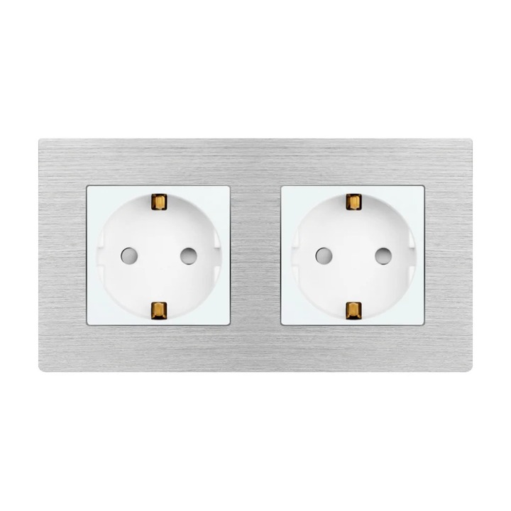 Priza dubla Luxion LX-2MP010A-W, cu protectie copii/termica/contact/suprasarcina, 16A, IP45, rama din aluminiu, Alb