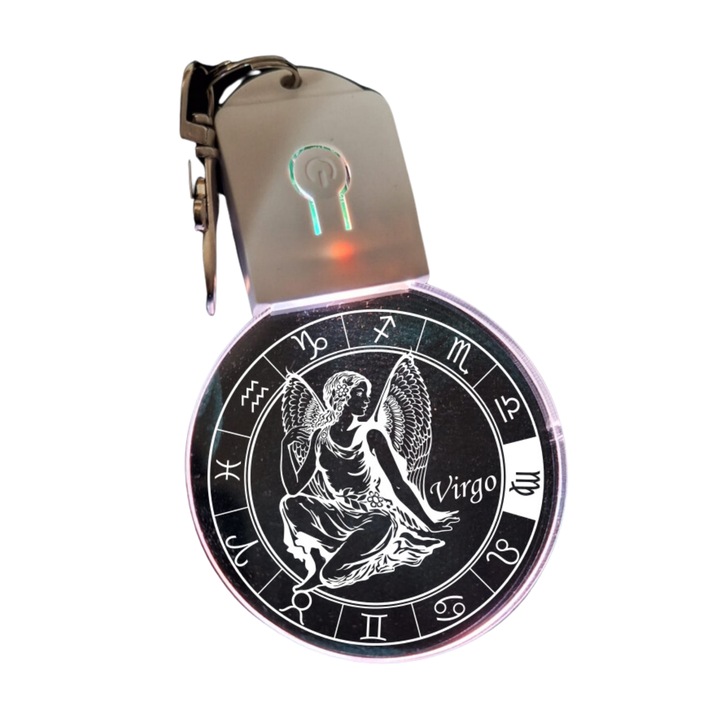 Breloc cu LED din acril - Zodia Fecioara rotund - horoscop cu baterie, multicolor